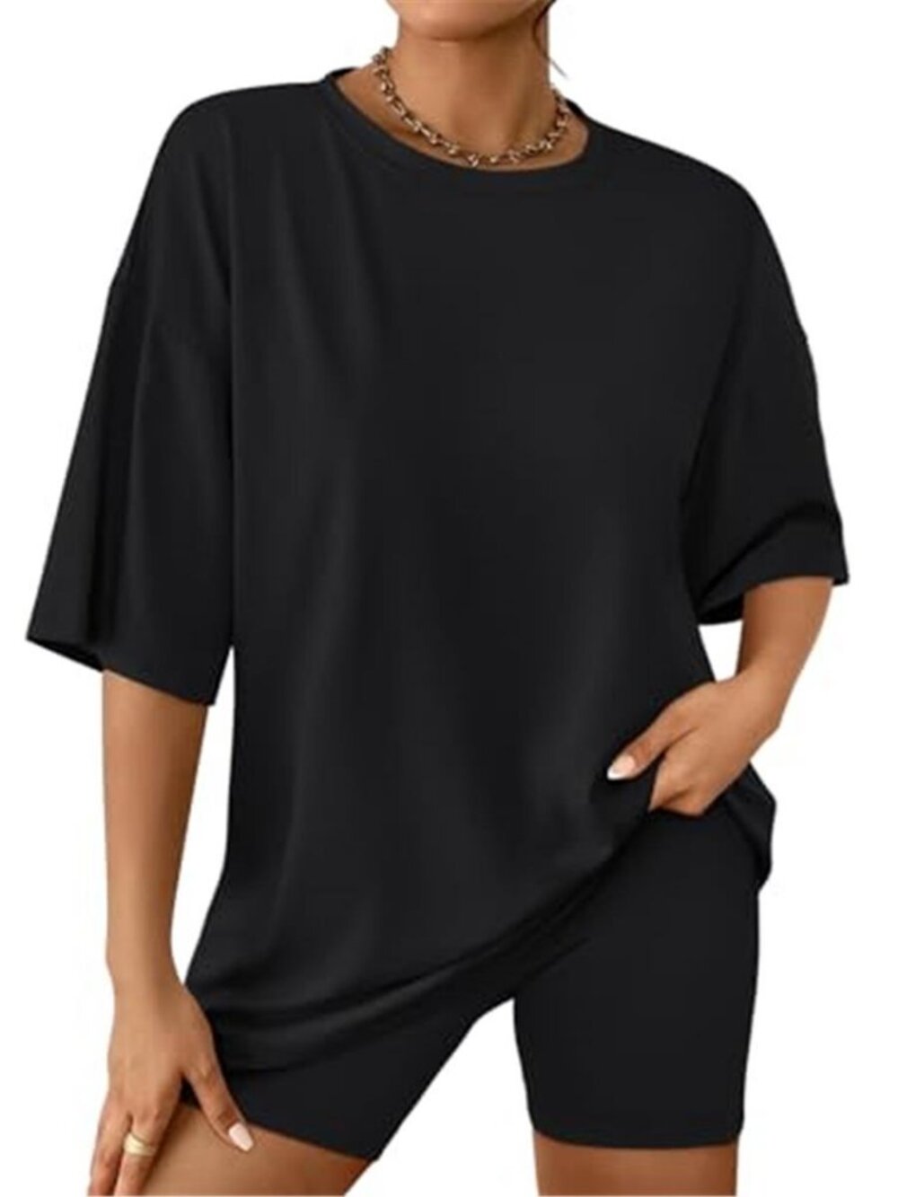 Women’s Oversized T Shirt & Biker Shorts Set Black Lounge Athleisure Outfit